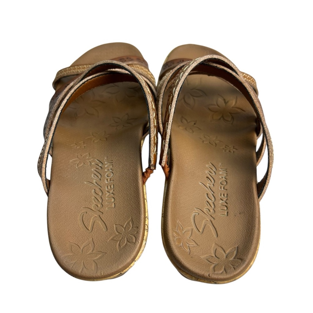 Skechers Beverlee Tiger Leather Strappy Size 6 Brown Cork Wedge Sandals - Picture 7 of 15